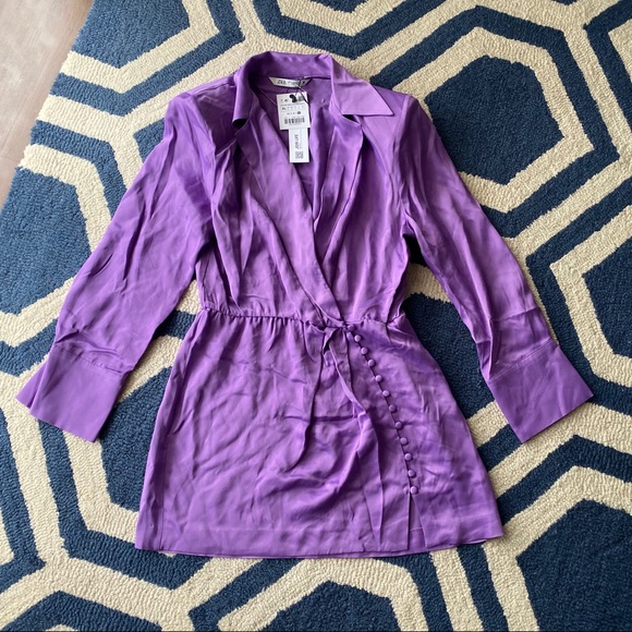 💜 ZARA PURPLE SATIN LONG SLEEVE BUTTON MINI DRESS! - Picture 5 of 16